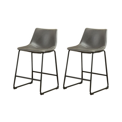 Lotusville Vintage PU Leather Counter Height Stools, Gray Finish with Metal Frame (Set of 2)