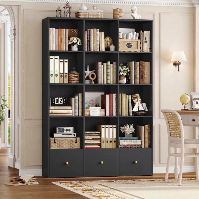 📚 5-Tier Modern Bookcase with Extra-High Shelves & Hidden Drawers - Tall Freestanding Bookshelf for Living Room, Home Office, Study - Sturdy Engineered Wood Storage Organizer