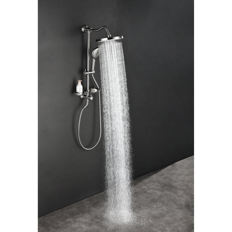 Ensemble de douche avec pomme de douche à effet pluie de 10 po, douche à 4 mains, goupille réglable et plateau à savon en mélange de nickel brossé