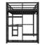 Lit mezzanine double en métal avec bureau, garde-robe, tablettes et garde-corps, structure noire peu encombrante