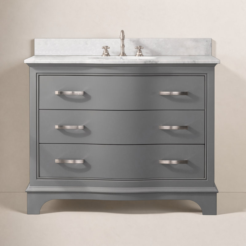 Meuble-lavabo simple en bois massif et manufacturé avec plateau en marbre Fiona, Gris / nickel brossé