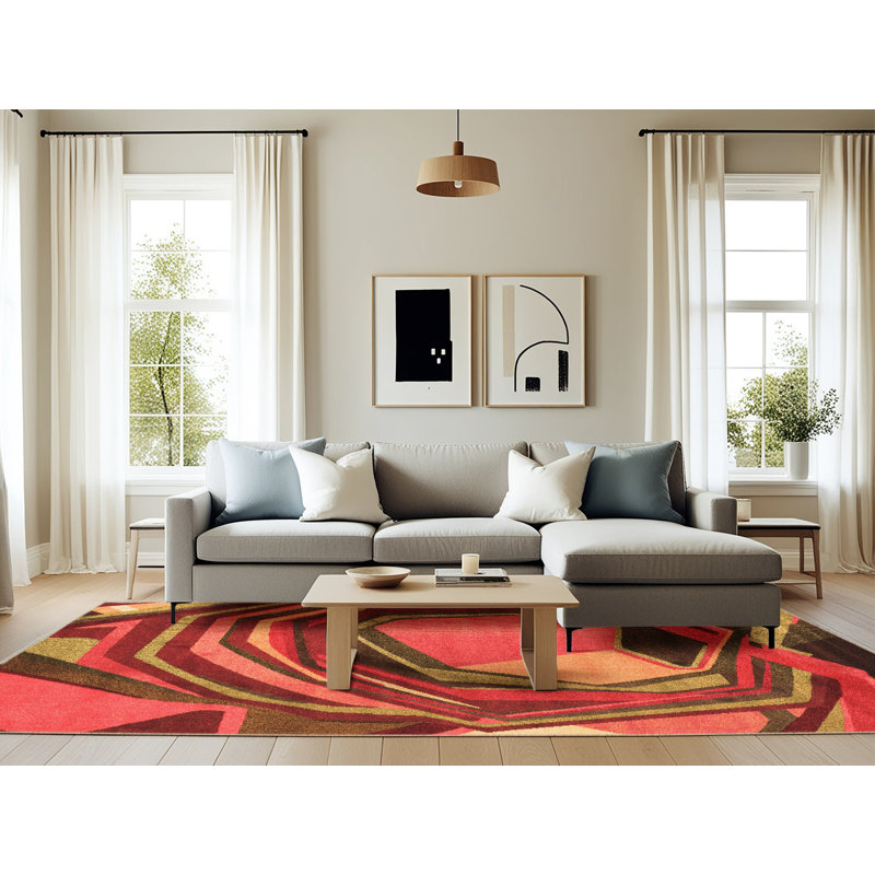 Tapis orange / vert / rouge en laine tissée à la machine Chaselyn, Rectangle 6 pi x 9 pi