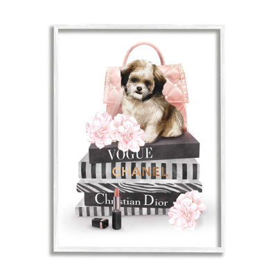 Chiot moelleux sur des livres de mode, fleurs roses, giclée noire, art texturé par Ziwei Li