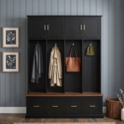 Hall Tree with 4 Hooks, Upper Cubbies, 4 Drawers and Bench Seating