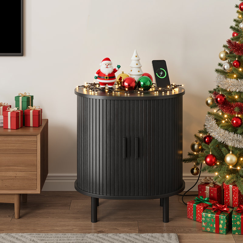 Table de bout ronde en bois 23,5 "avec station de charge, Noir, 1