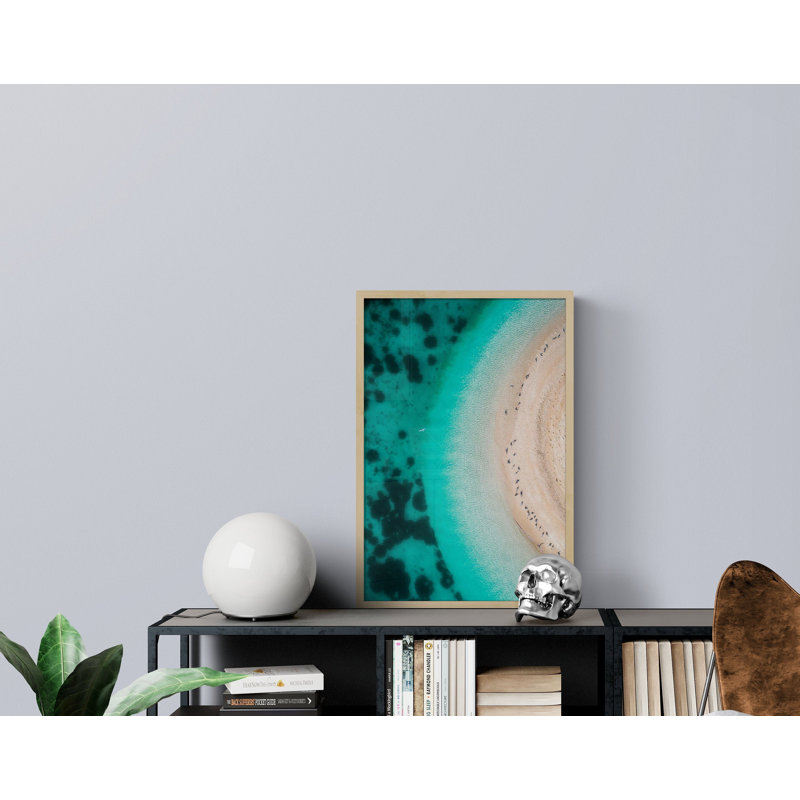 «Turquoise Beach-Side», peinture à l'huile sur toile, art tropical, Reproduction encadrée avec passe-partout, Brun