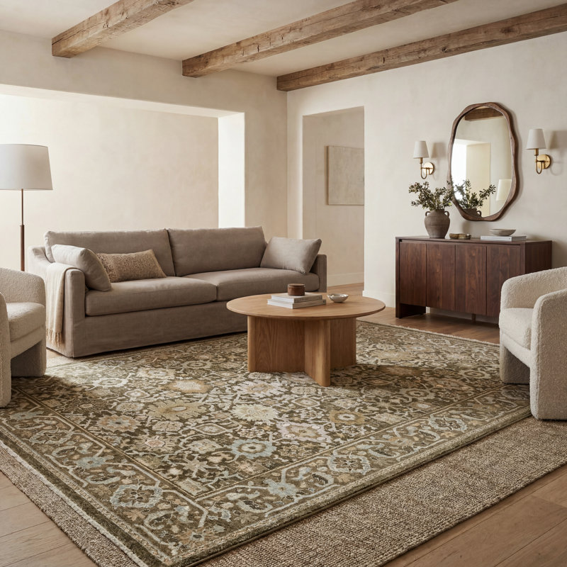 Tapis Wakeel traditionnel à bordure marron/multicolore à poils denses, Rectangle 9 pi 10 po x 12 pi 10 po