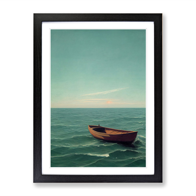 XV1022-4897X Vacant Boat On The Sea - Print, White, 66cm H x 48cm W, Black Framed Paper