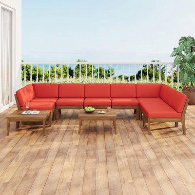 Ensemble de canapé modulaire 8 places en bois d'acacia, teck et rouge