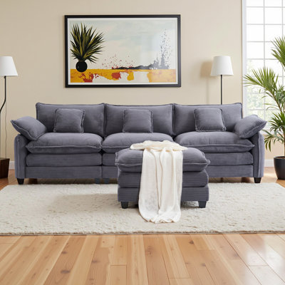 Modular Sectional Sofa, Comfy Cloud Couch With Movable Ottoman, 3-Seat Corduroy Sofa Sleeper With Double Cushions, Deep Seat Sofa With 5 Pillows For Living Room(3 Seater With 1 Ottoman)