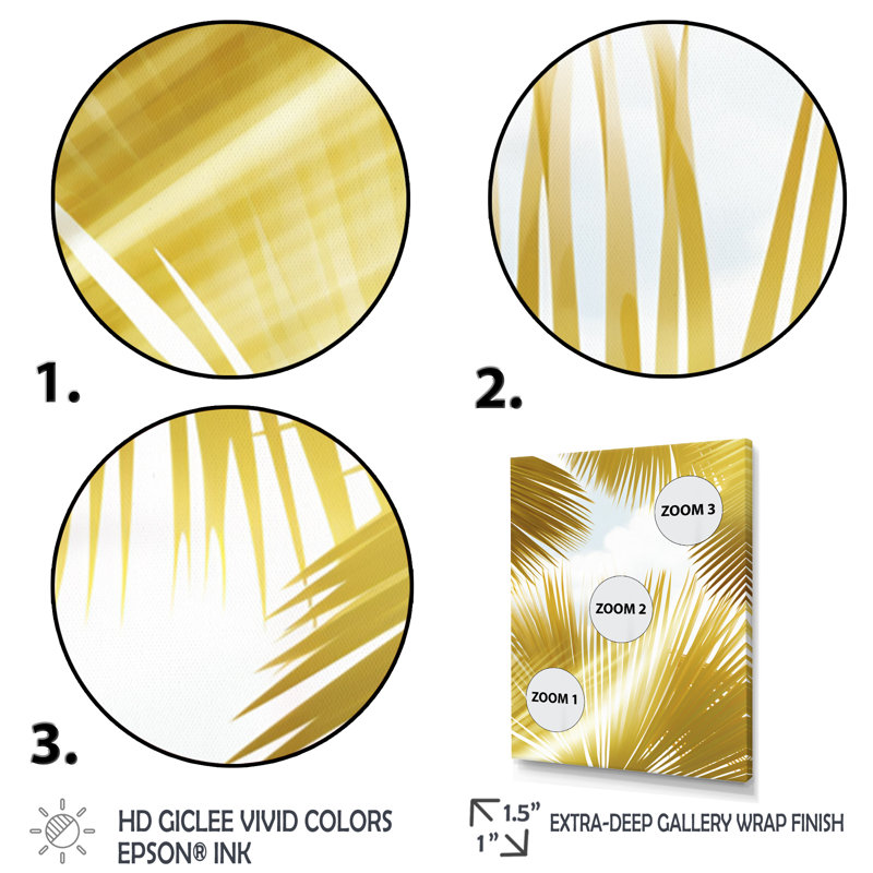 «Tropical Golden Palm Leaves», reproduction sur toile, Cadre simple argenté, H 32 po x l 16 po x P 1 po