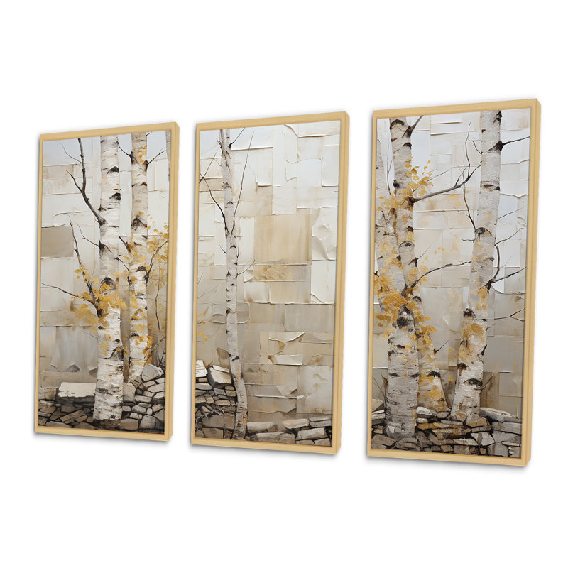 Forêt de bois de bouleau beige et jaune II - arbre, art mural, H 28 po x l 36 po x P 1 po, Cadre flottant érable