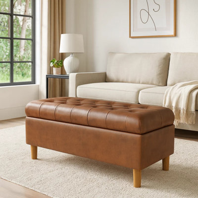 Repose-pieds avec rangement Sol, similicuir brun et bois franc, 36 po