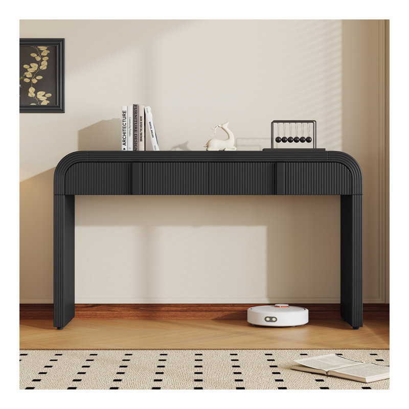 Console moderne avec 2 tiroirs de rangement, table d'entrée cannelée à silhouette arrondie pour le couloir du salon et du vestibule (noir)