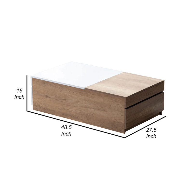 Table basse Arlo au fini brun clair avec compartiments cachés et 2 tiroirs