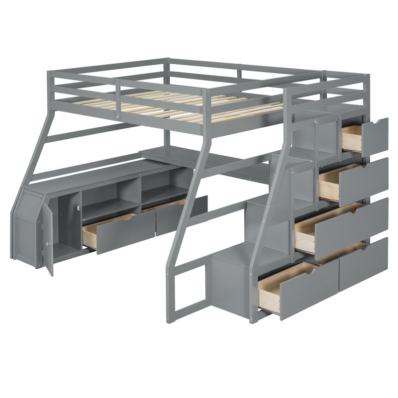 Lit mezzanine avec rangement et escalier Heiki, Gris, Plein