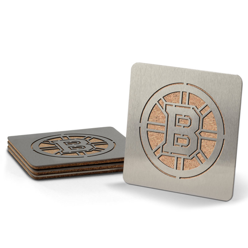 Stainless Steel Square 4 Piece Coaster Set With Holder, Boston Bruins