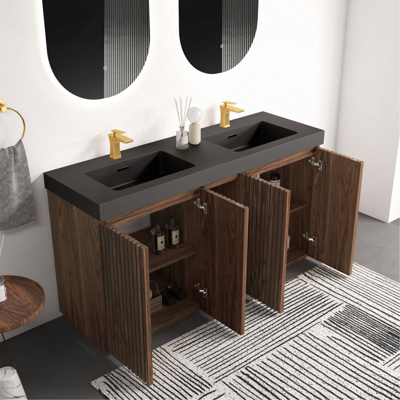 Meuble-lavabo avec lavabo, grand meuble-lavabo autoportant avec rangement pour salle de bain moderne, lavabo double en quartz noir une pièce sans drain ni robinet