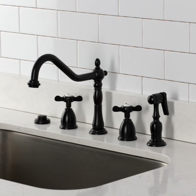 Kingston Brass Essex Double-Handle 4-Hole Widespread Kitchen Faucet With Brass Sprayer