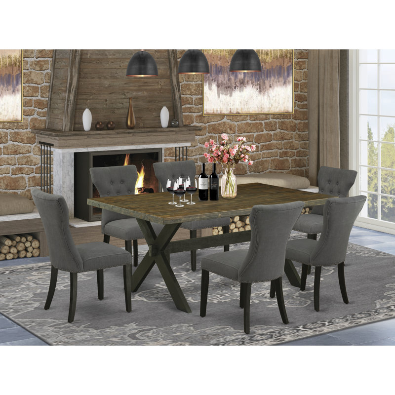 Ensemble de table de salle à manger 7 pièces avec pieds en X et 6 chaises de salle à manger Parson en tissu Gotham foncé, noir brossé