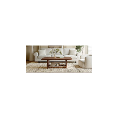 Table basse de 47,2 po en forme d'éventail avec tablette de rangement inférieure, finition grain de bois de noyer, table de salon moderne de style Mid-Century, mobilier d'appoint de style maison de campagne pour grands espaces, assemblage facile