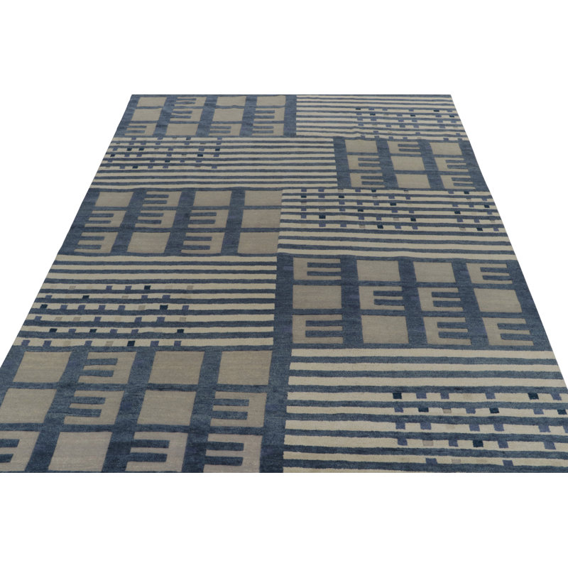 Rug & Kilim’S Swedish Rug In Blue & Grey High-Low Geometric Patterns, Rectangle 9' x 12'