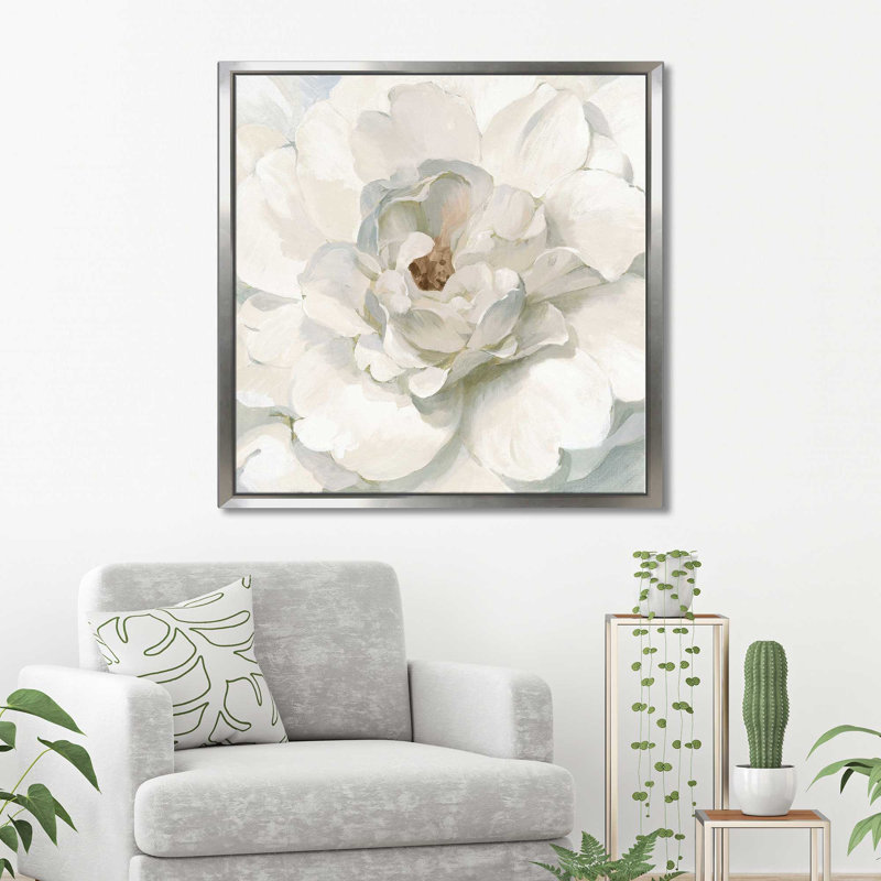 Pivoine neutre - peinture, Cadre flottant argent, H 21,5 po x l 21,5 po x P 2 po