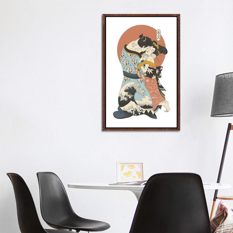 The Kiss Ukiyo-E 1 Piece Wall Art on Canvas, 101.6 cm H x 66.04 cm W, Classic Brown Wood Framed