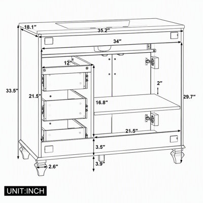 Meuble-lavabo autoportant de 91 cm (36 po) avec lavabo en céramique, tiroir rabattable, 3 tiroirs et 2 portes