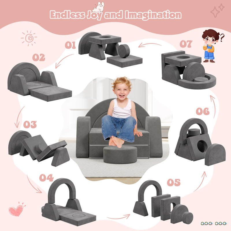 Modular Play Couch, Toddler Sofa, DIY Convertible Sofa with Soft Sponge Cushions, Dark Grey