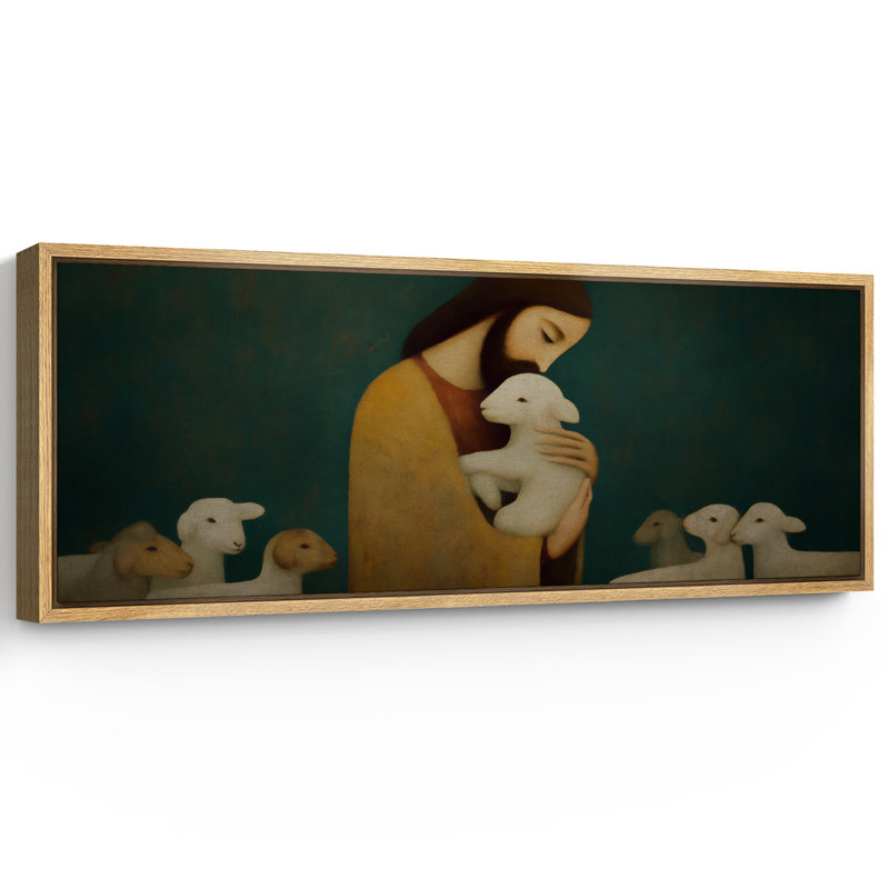 Reproduction d'art sur toile encadrée "Berger et agneau", H 20 po x l 60 po, Naturel