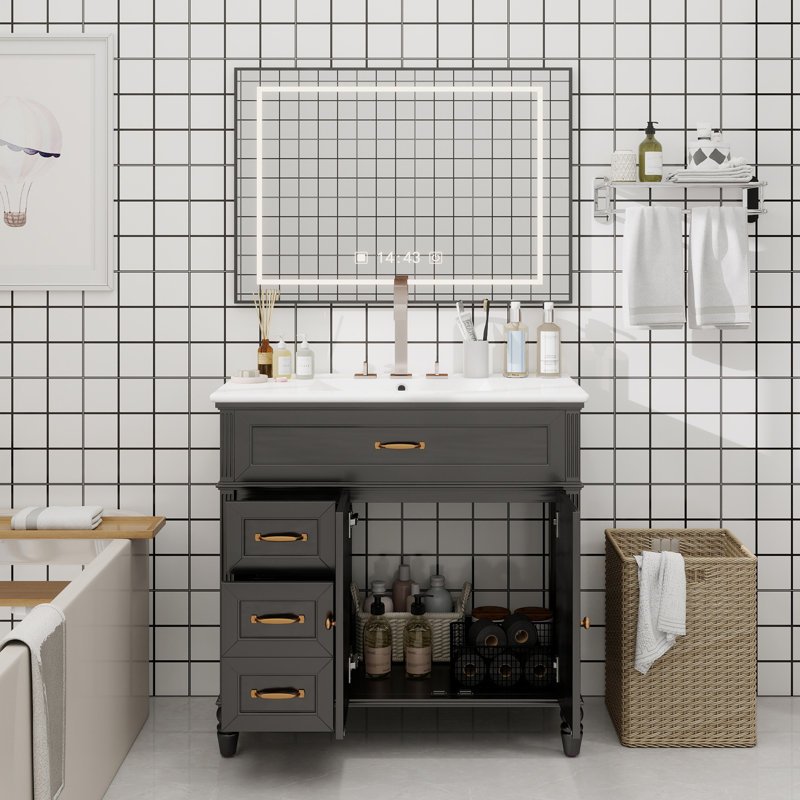 Meuble-lavabo 36 po avec lavabo, armoire de salle de bain noire avec tiroirs, cadre solide et panneau de fibres à densité moyenne, un paquet