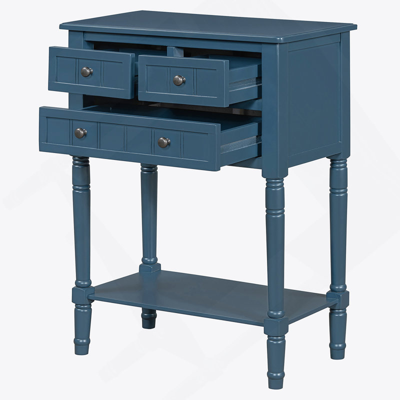 Slim Console Table With Three Storage Drawers And Bottom Shelf, Ideal For Organizing And Decorating Living Spaces, Navy