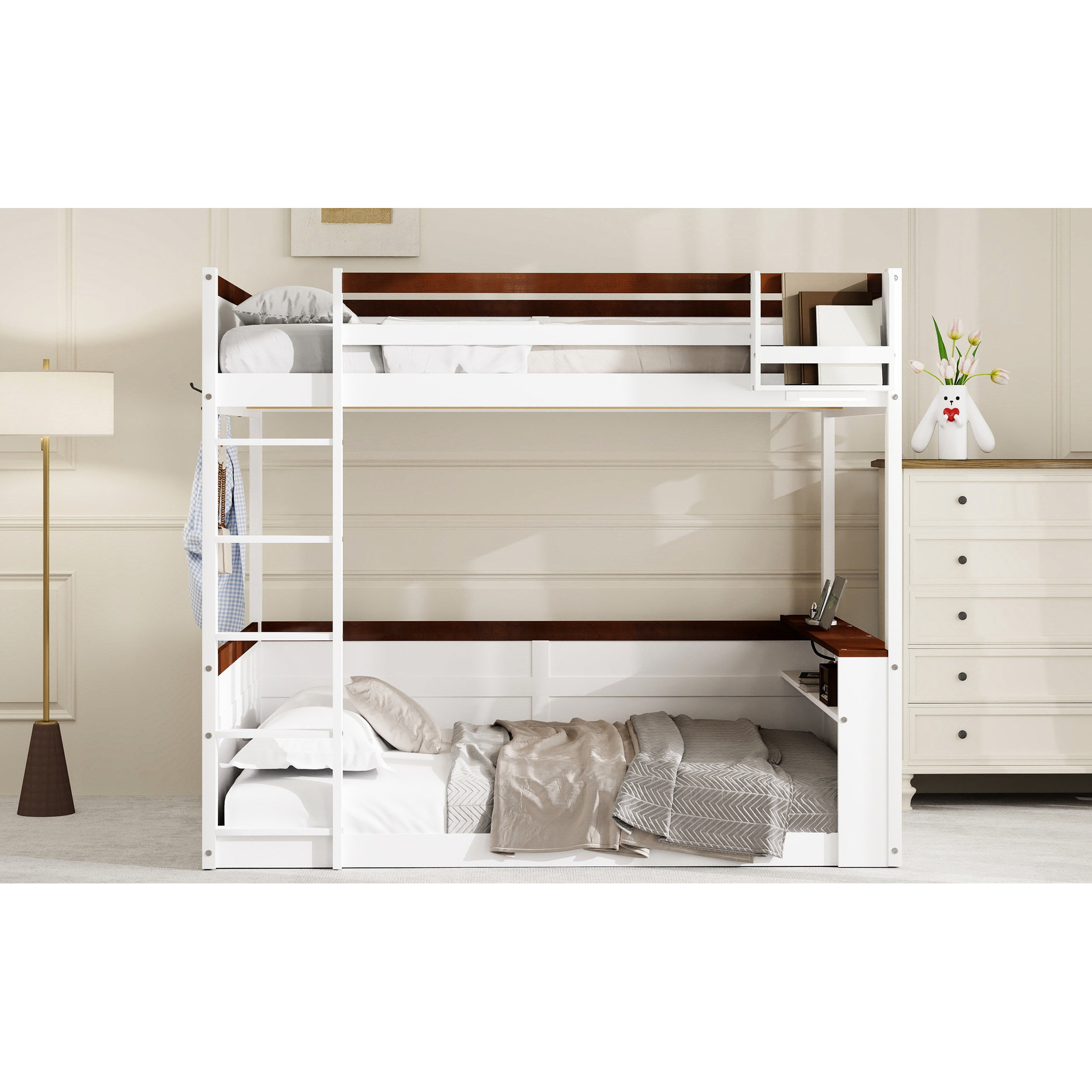 Alwyn Home Queen Size White Wooden Bunk Bed With Built - In Storage ...