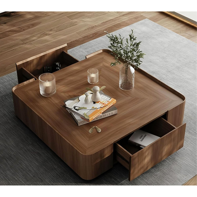 Table basse de luxe en bois avec tiroir caché, table centrale carrée facile à installer pour le salon, conception à rebords surélevés, qualité supérieure (table basse carrée de 35,43 po)