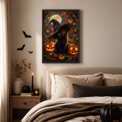 Art mural sur toile, "Chat noir en chapeau de sorcière avec citrouilles lumineuses"