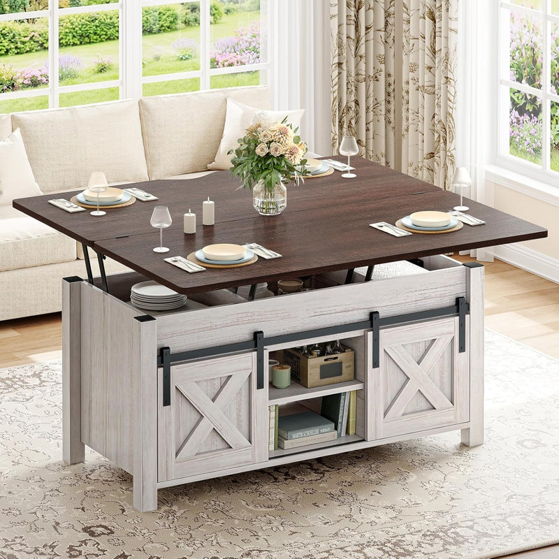 Lonan Coffee Table  Farmhouse Coffee Table with Storage and Hidden Compartment, Gray