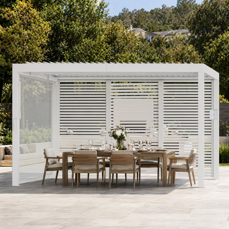 Aurora X 12 pi Pergola à persiennes avec double couche réglable, système de gouttière intégrée et prise de courant USB, écran de grille horizontal extérieur et écran à enroulement