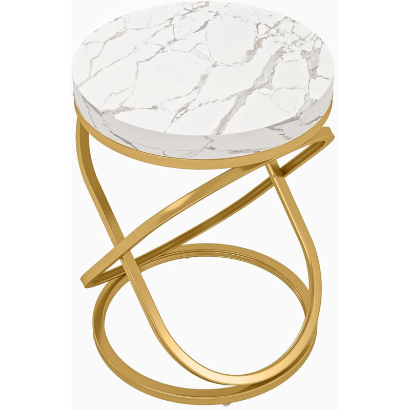 26'' White and Gold Faux Marble Top Round End Table