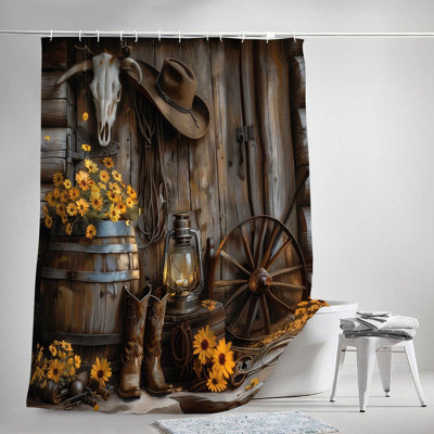 Western Cowboy Shower Curtain with Farmhouse Barn Door, Southwest Country Ranch Bath Curtain with Cowboy Boots Floral, Rustic Southwestern Theme Bathroom Decor Set with Hooks 70X70IN