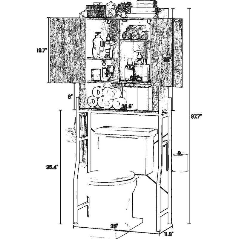 Over The Toilet Storage Cabinet With Adjustable Shelves, 2-Door Organizer And Metal Stand For Bathroom Space Saving, Rustic Brown