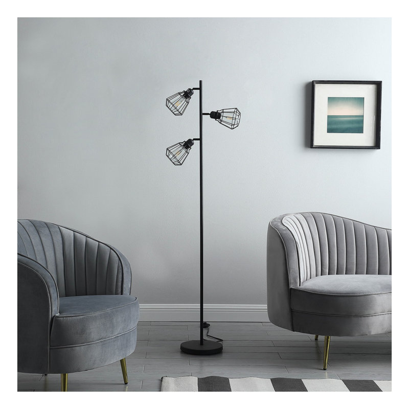 Lampe sur pied industrielle en métal avec abat-jour réglable en cage - hauteur de 65 po de hauteur, noir, pour salon, chambre à coucher, bureau - conception 3 lumières avec interrupteur à pédale