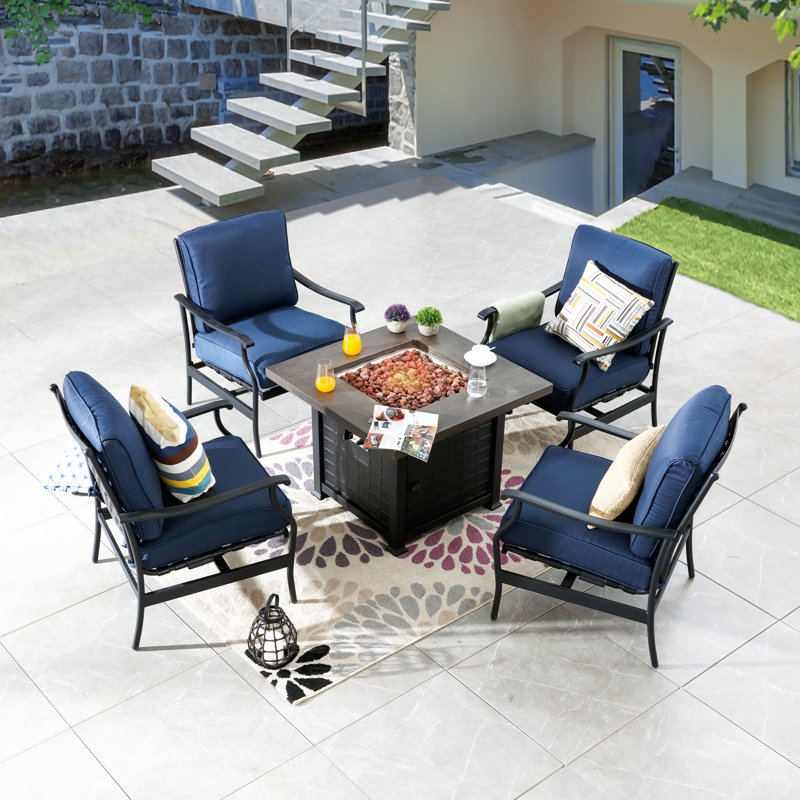 Bomar 4 - Person Patio Firepit Conversation Set with Cushions, Blue