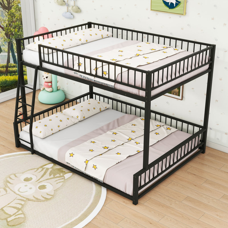 Metal Bunk Bed With Ladder And Slats, Black, Full XL Over Queen