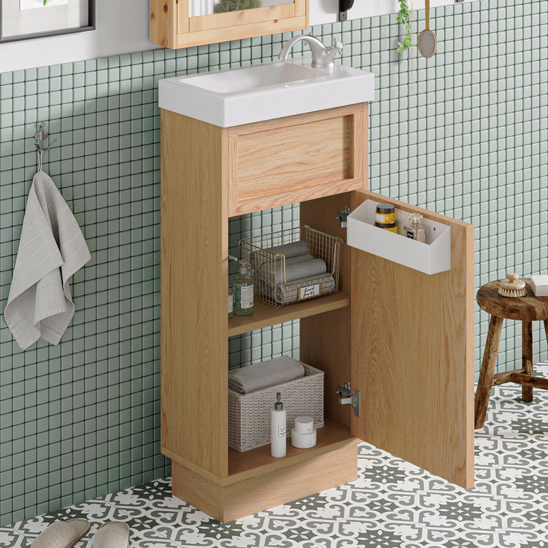 Meuble-lavabo de 15,75 po avec lavabo réversible en résine, armoire en panneau de fibres à densité moyenne, tablette réglable + porte à pousser, finition en mélamine grain de bois, porte réversible, style rustique