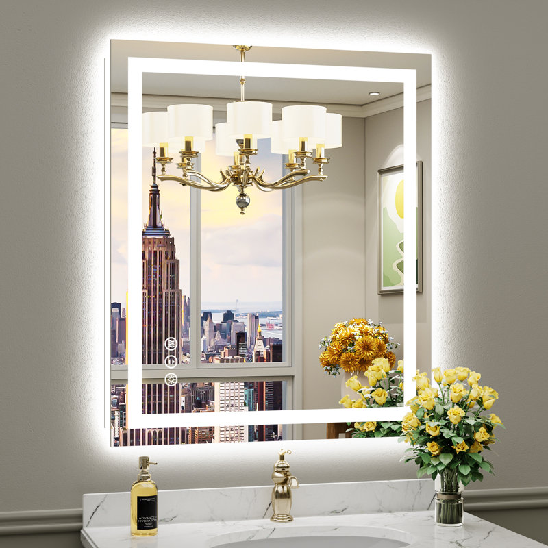 Miroir de salle de bain à DEL avec lumières, rétroéclairé et éclairé à l'avant, miroirs muraux éclairés pour meuble-lavabo, écran tactile à intensité variable, antibuée, fonction mémoire, verre trempé HD, incassable, homologué ETL
