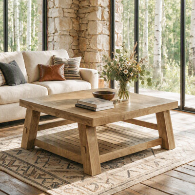 Square Coffee Table with 2-Tier Storage Shelf
