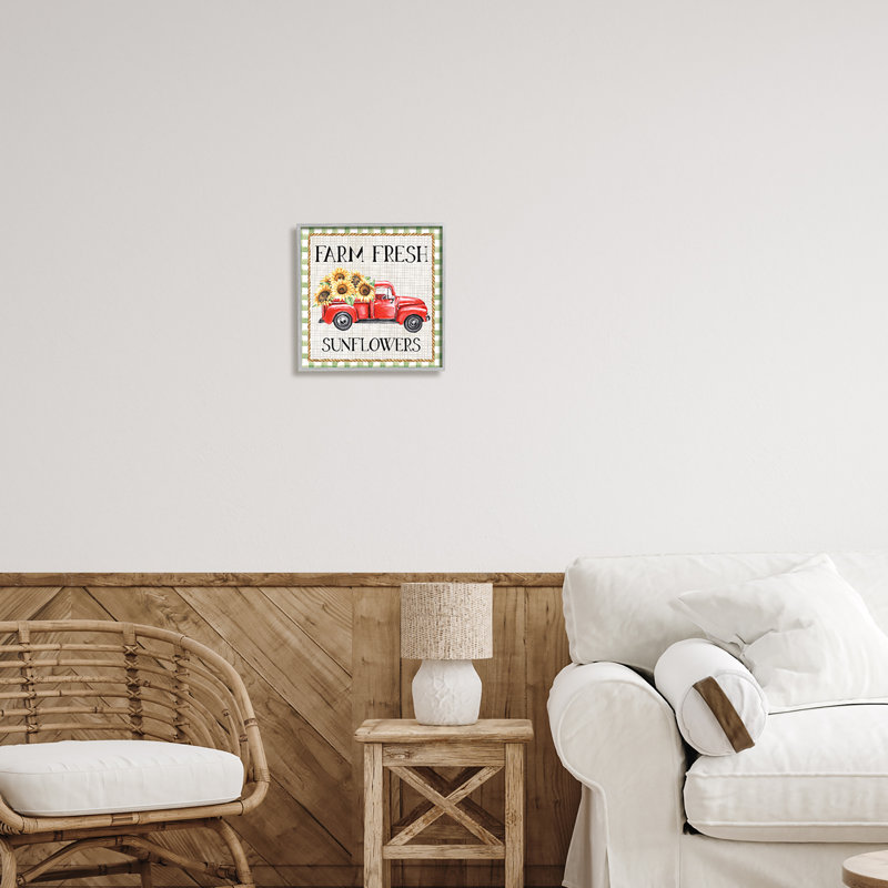 Motif de tournesols frais Gingham Farm - cadre flottant, impression sur bois, H 12 po x l 12 po x P 1,5 po