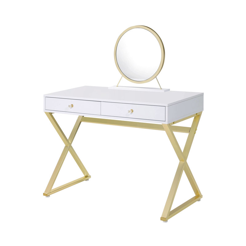 Meuble-lavabo blanc et doré d'apparence rectangulaire, poignée en cristal, structure en métal, plateau à bijoux avec miroir inclus, 2 tiroirs de rangement avec bureau coulissant au centre