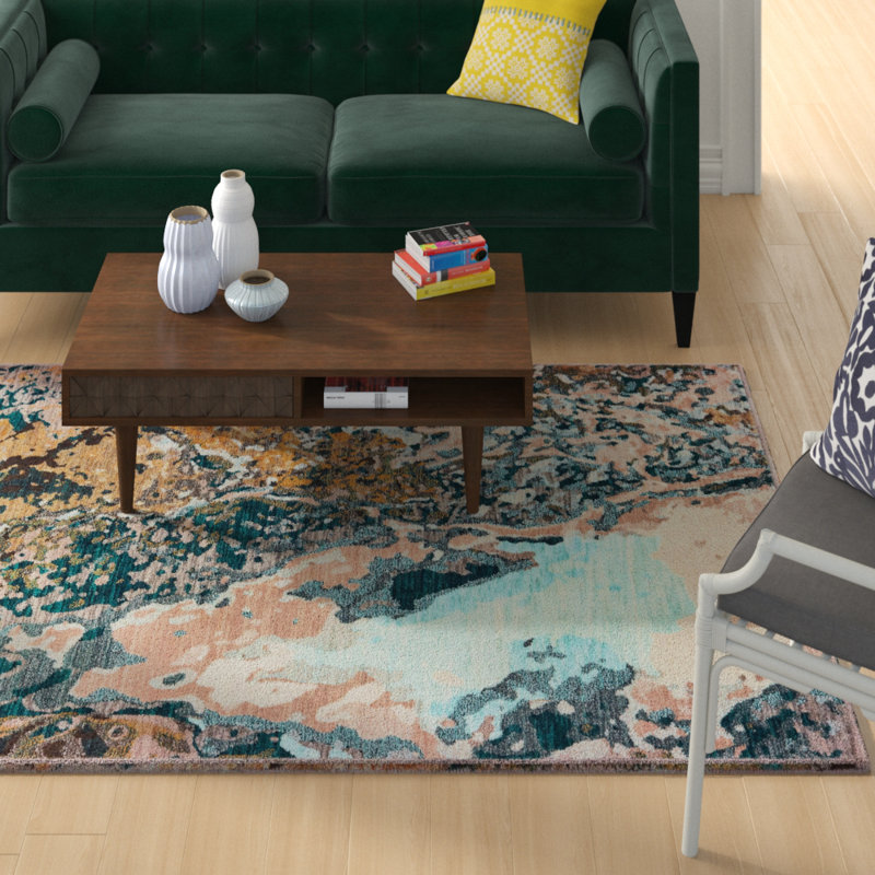 Tapis abstrait bleu / doré Jovie, Rectangle 9 pi 10 po x 12 pi 10 po